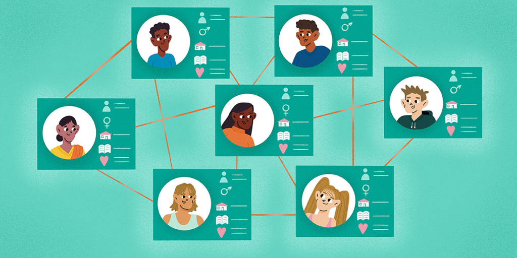 Ilustração de identidades de sete pessoas diferentes conectadas por linhas.