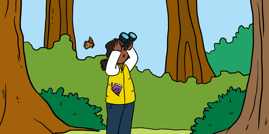 Ilustração de uma mulher com um binóculo observando a natureza.
