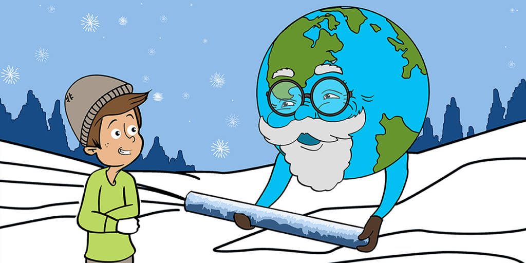Ilustração de um homem vestindo roupas de inverno em um cenário aberto de neve. Diante dele, o planeta Terra usando óculos e barba longa segura um bastão de gelo.