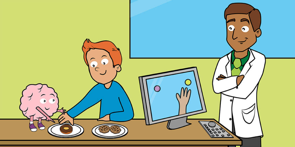 Na ilustração, um cérebro humano e um menino encontram-se frente a frente. O cérebro aponta para uma rosquinha disposta em um dos dois pratos colocados entre eles, enquanto o menino está prestes a pegá-la. Um homem de jaleco branco observa atentamente a cena. Na mesma bancada que suporta o prato com a rosquinha, um computador exibe uma mão interagindo com duas opções