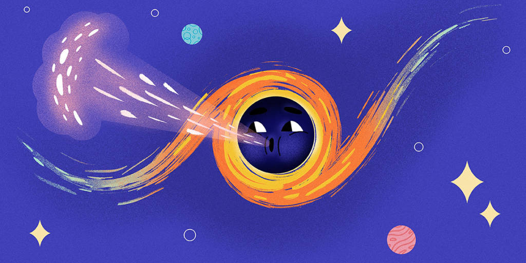 Ilustração de um buraco negro soprando um jato de partículas brilhantes.