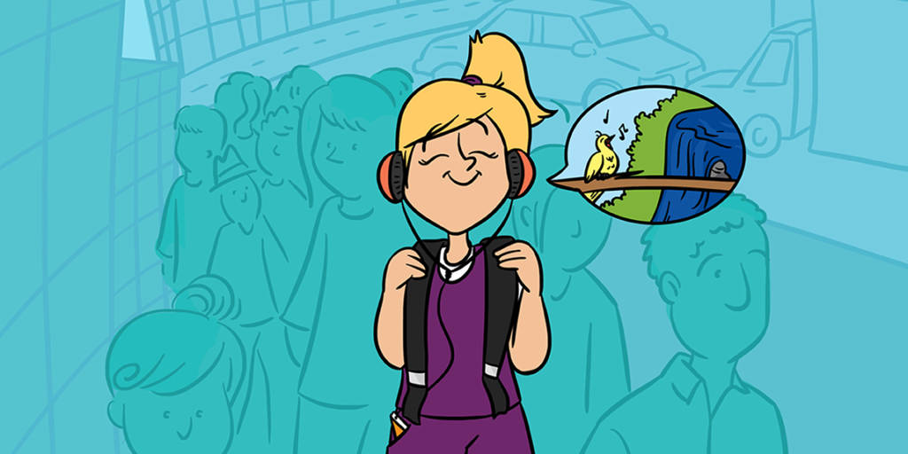 Ilustração de uma mulher em um ambiente urbano cercada de pessoas. Ela usa fones de ouvido, e um balão de diálogo revela que ela está ouvindo sons da natureza.