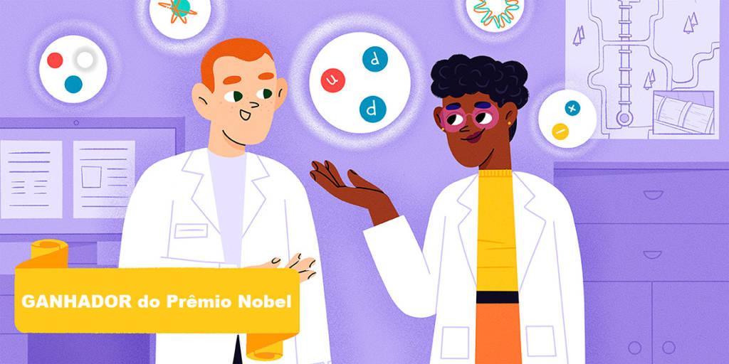 Ilustração de dois cientistas conversando em um laboratório de física, balões ao redor deles mostram elementos que representam a composição dos átomos.