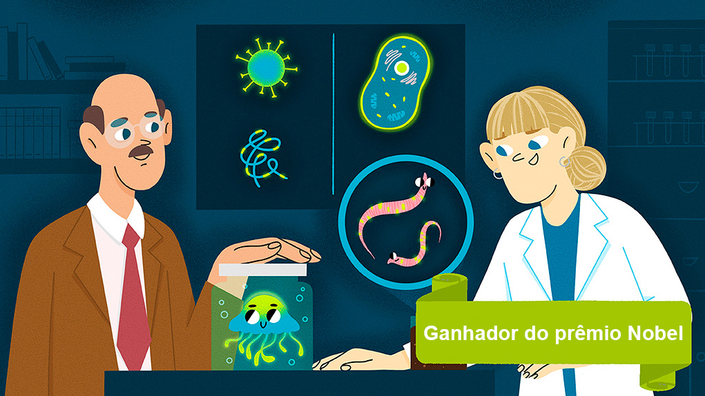 Ilustração de dois cientistas em um laboratório com pouca luz. O ambiente é parcialmente iluminado pela luz emitida por algumas espécimes encapsuladas e dispostas no ambiente.