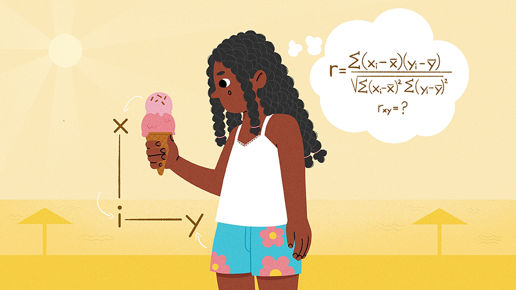 Ilustração de uma menina em uma praia segurando um sorvete de casquinha. Com uma expressão de concentração, ela reflete sobre a fórmula matemática do coeficiente de correlação de Pearson, que aparece em uma nuvem de pensamento ao seu lado. Setas demonstram a relação entre as variáveis x e y, associadas ao sorvete que ela segura.