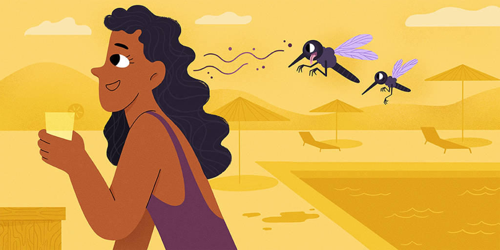 Ilustração de uma mulher ao ar livre com uma bebida na mão, enquanto dois grandes mosquitos voam em sua direção, atraídos pelo seu cheiro. A cena acontece ao lado de uma piscina com espreguiçadeiras e guarda-sóis, todos em tons quentes e ensolarados, indicando um dia quente.